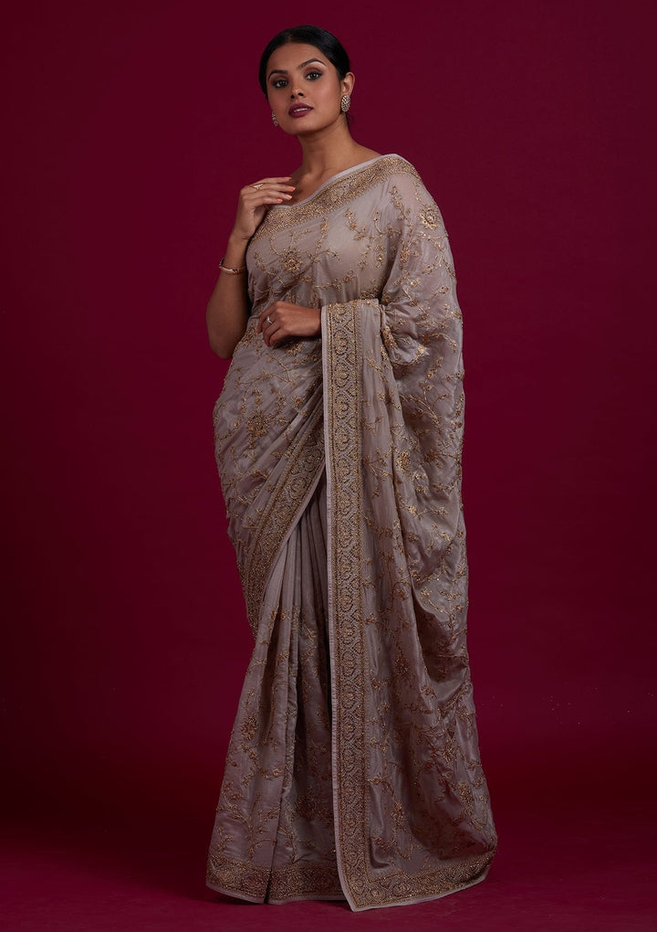 Light Grey Stonework Semi Crepe Designer Saree - Koskii