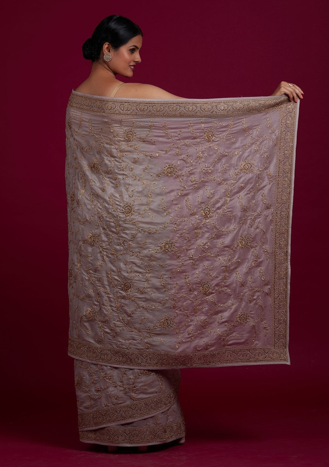 Light Grey Stonework Semi Crepe Designer Saree - Koskii