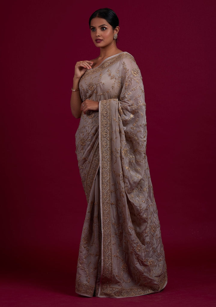 Light Grey Stonework Semi Crepe Designer Saree - Koskii