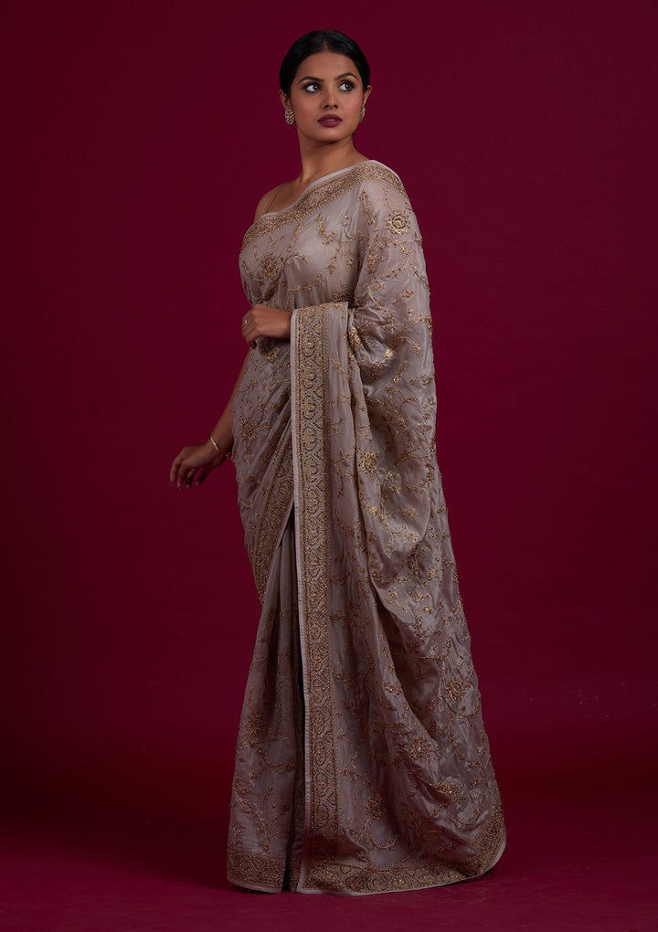 Light Grey Stonework Semi Crepe Designer Saree - Koskii