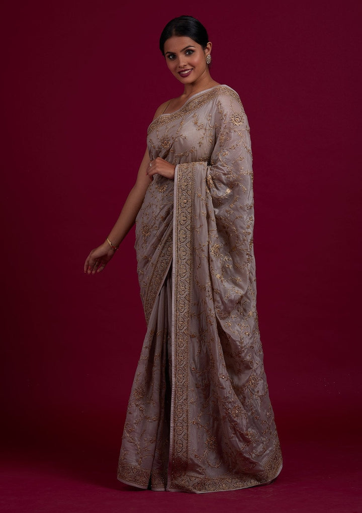 Light Grey Stonework Semi Crepe Designer Saree - Koskii