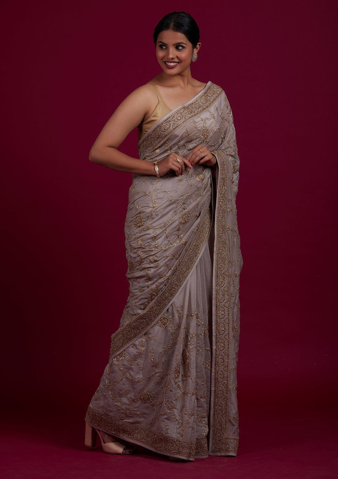 Light Grey Stonework Semi Crepe Designer Saree - Koskii