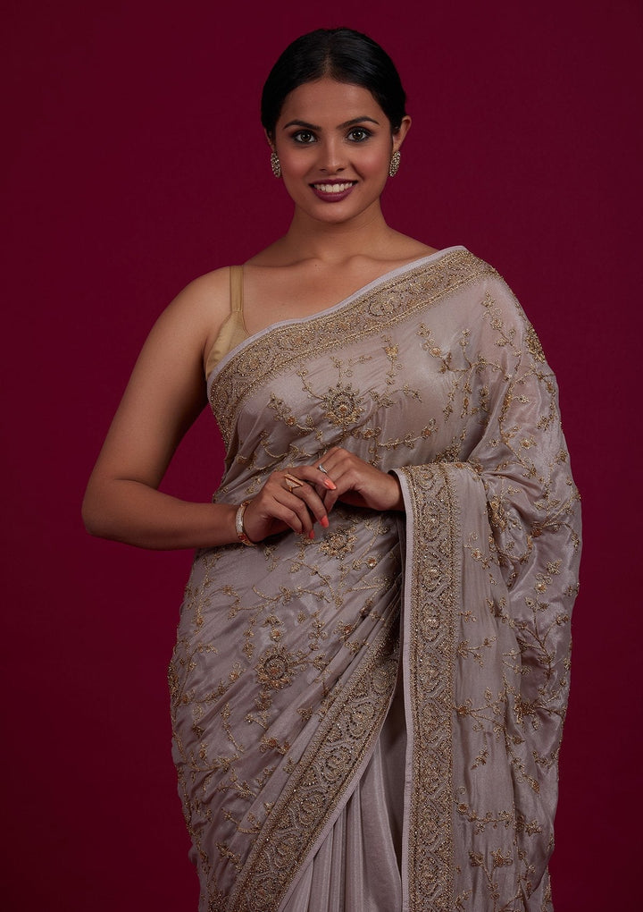 Light Grey Stonework Semi Crepe Designer Saree - Koskii