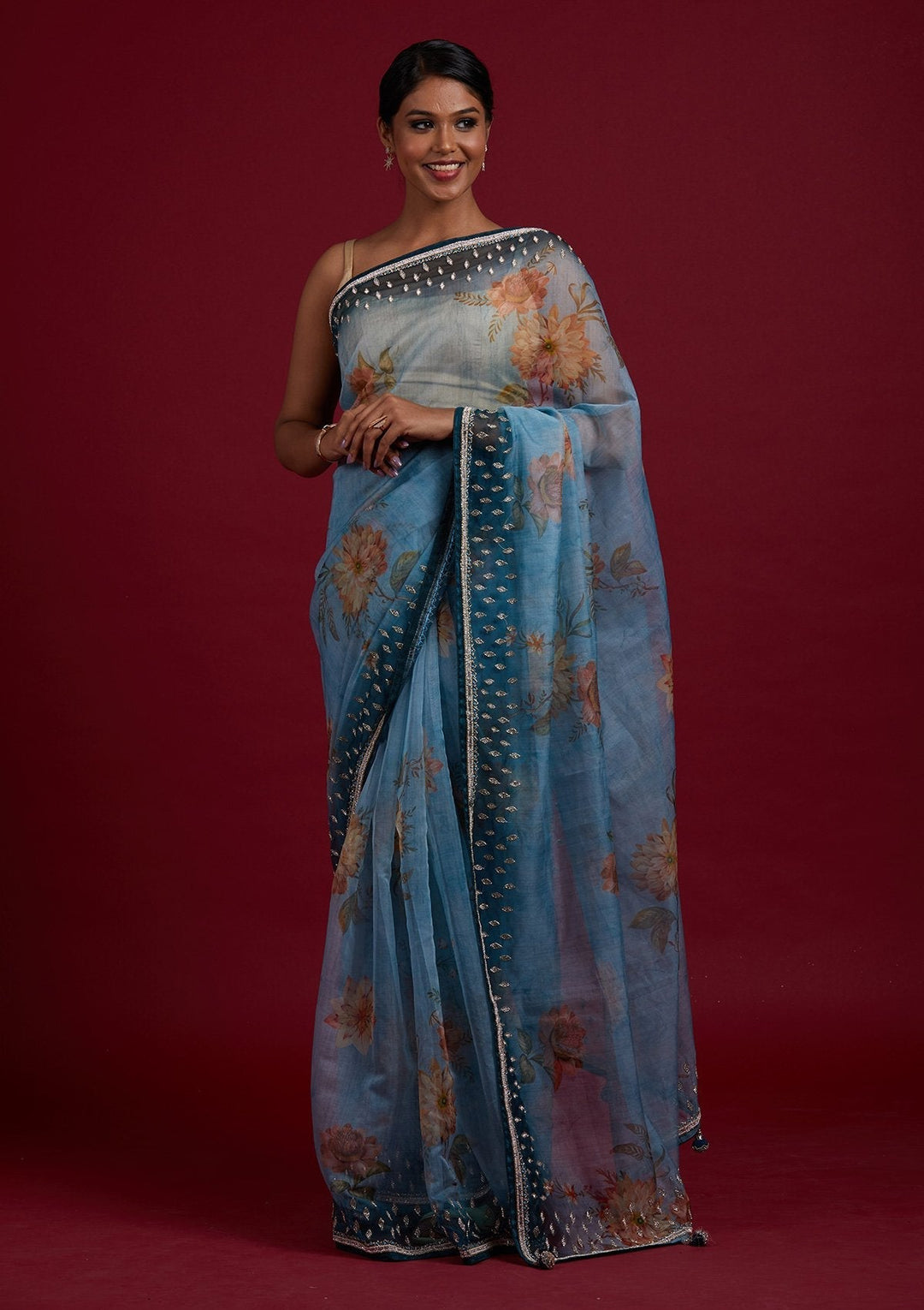 Light Grey Stonework Tissue Designer Saree - Koskii