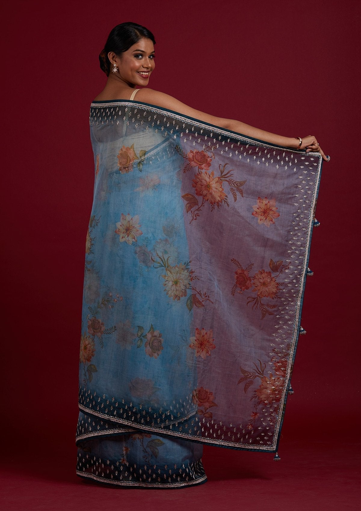 Light Grey Stonework Tissue Designer Saree - Koskii