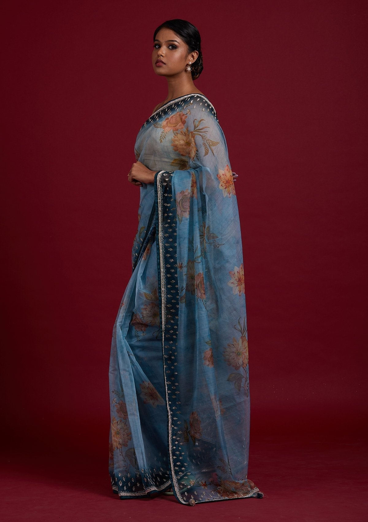 Light Grey Stonework Tissue Designer Saree - Koskii