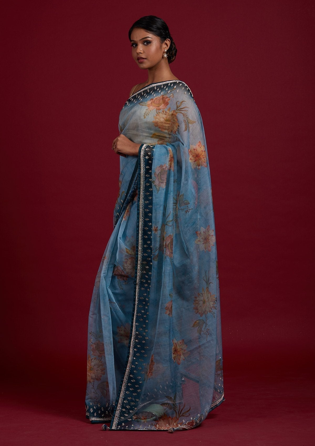 Light Grey Stonework Tissue Designer Saree - Koskii