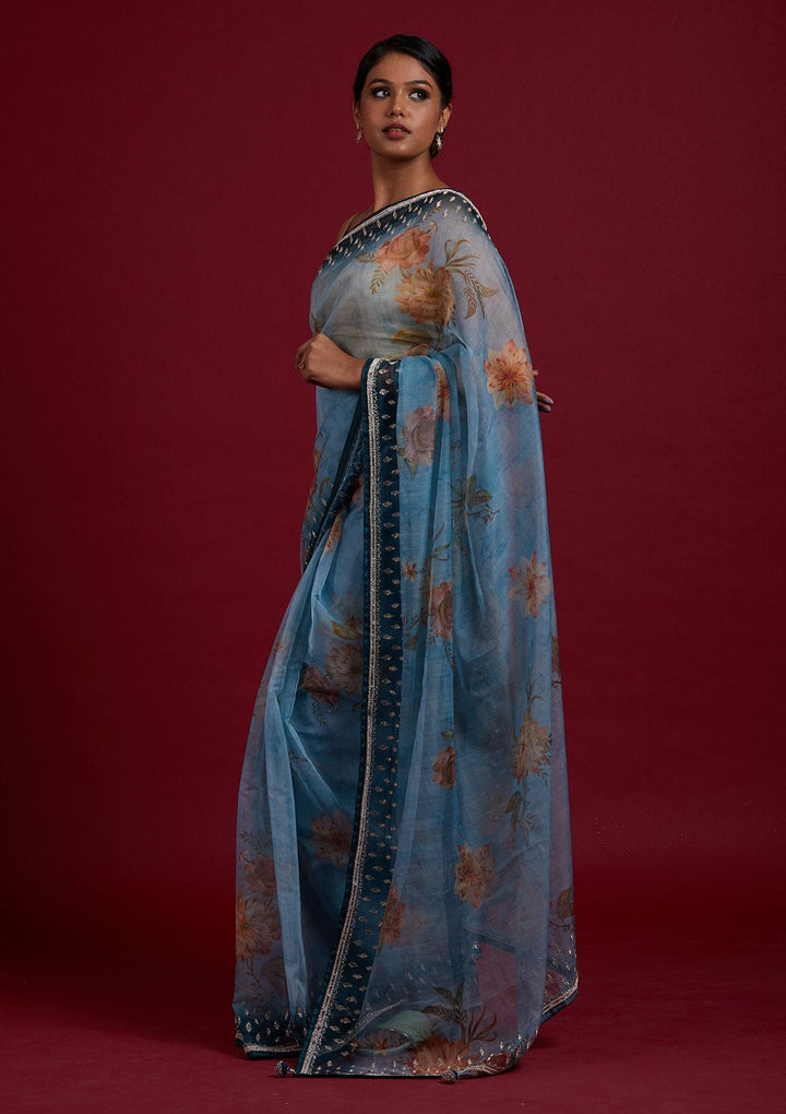 Light Grey Stonework Tissue Designer Saree - Koskii