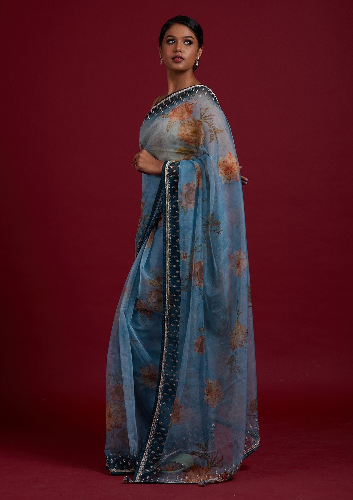 Light Grey Stonework Tissue Designer Saree - Koskii