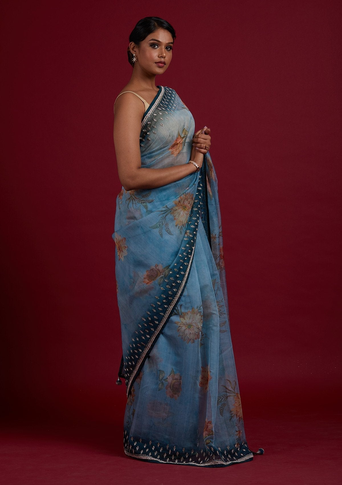 Light Grey Stonework Tissue Designer Saree - Koskii
