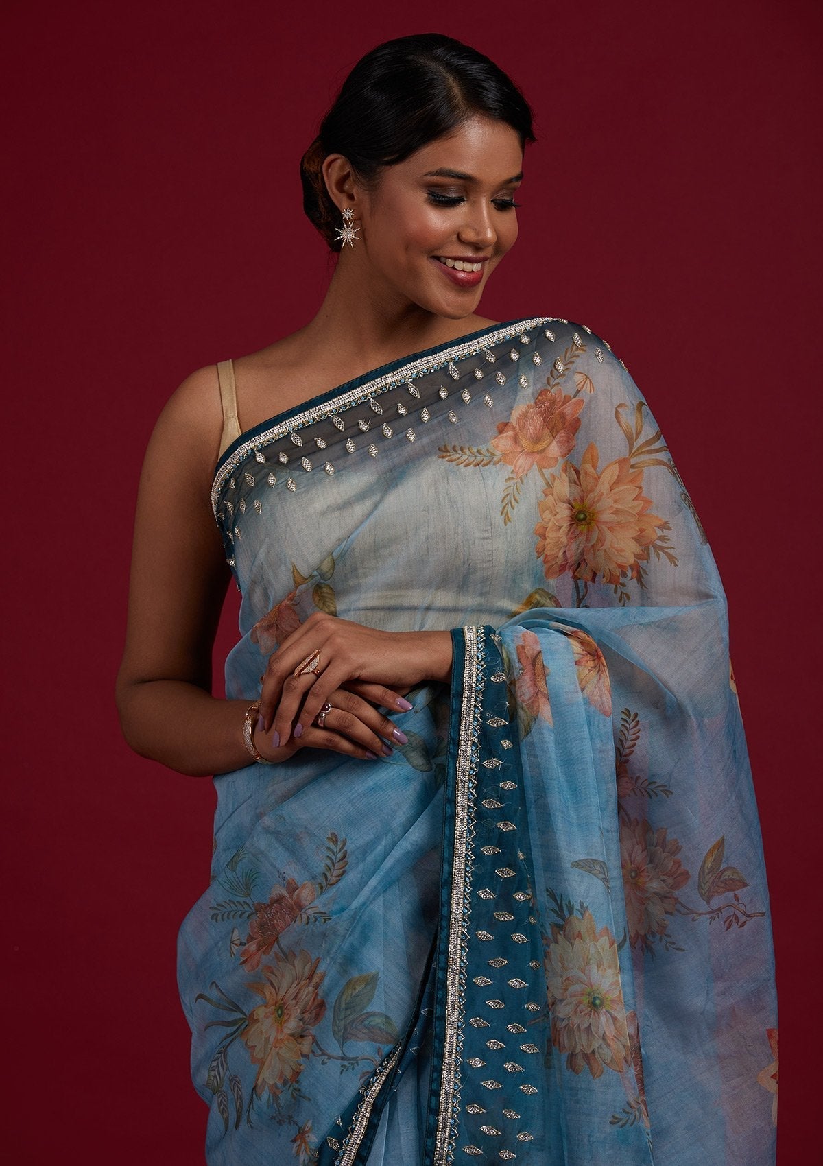 Light Grey Stonework Tissue Designer Saree - Koskii