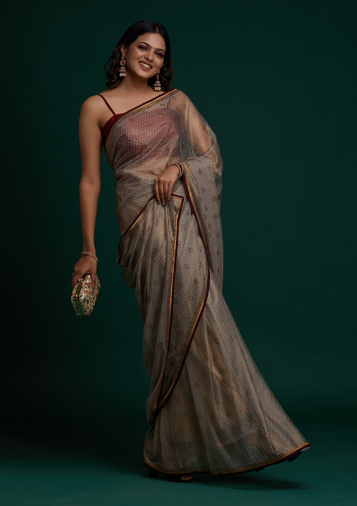 Light Grey Swarovski Net Saree- Koskii