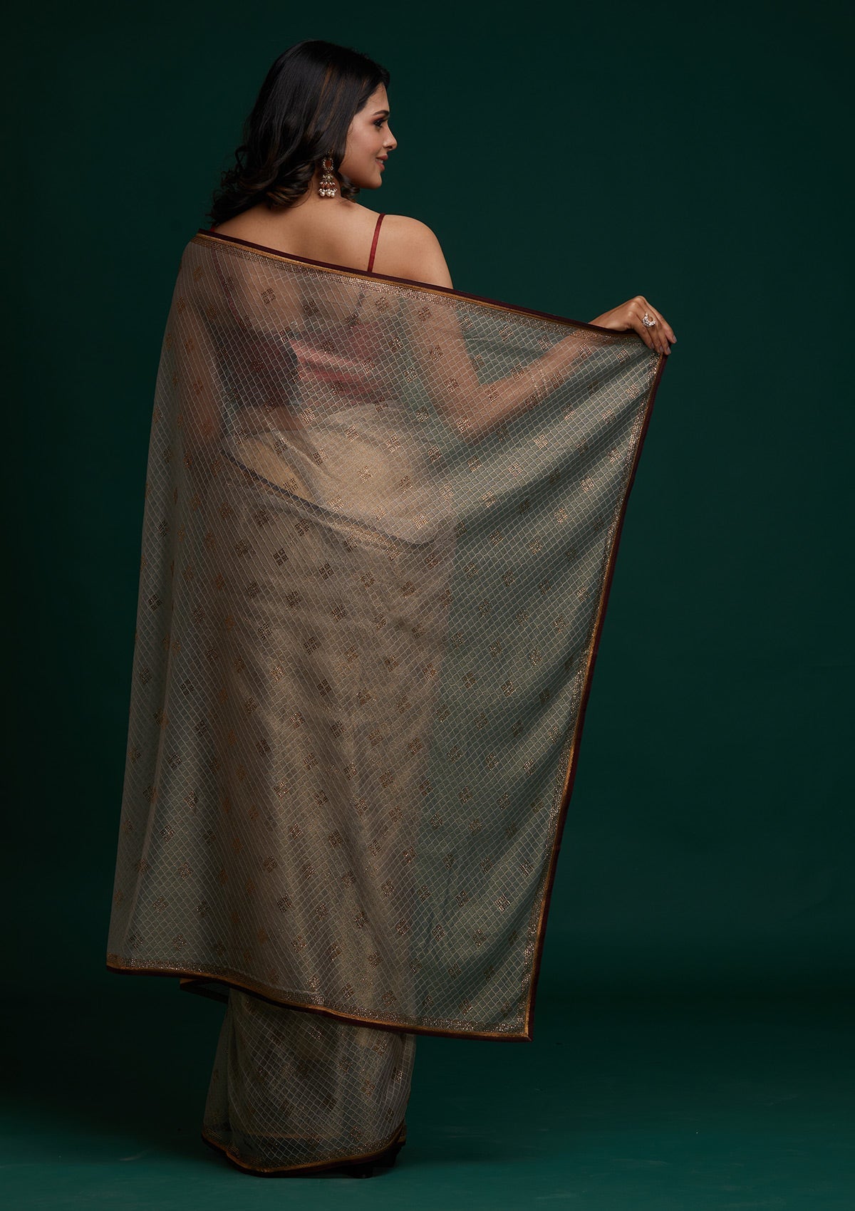 Light Grey Swarovski Net Saree - Koskii