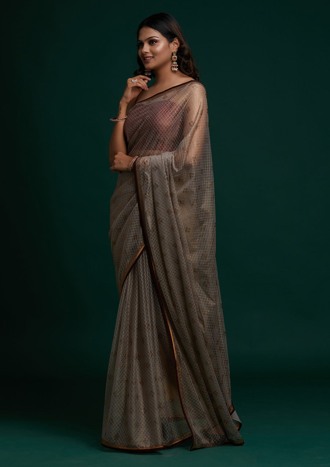 Light Grey Swarovski Net Saree - Koskii