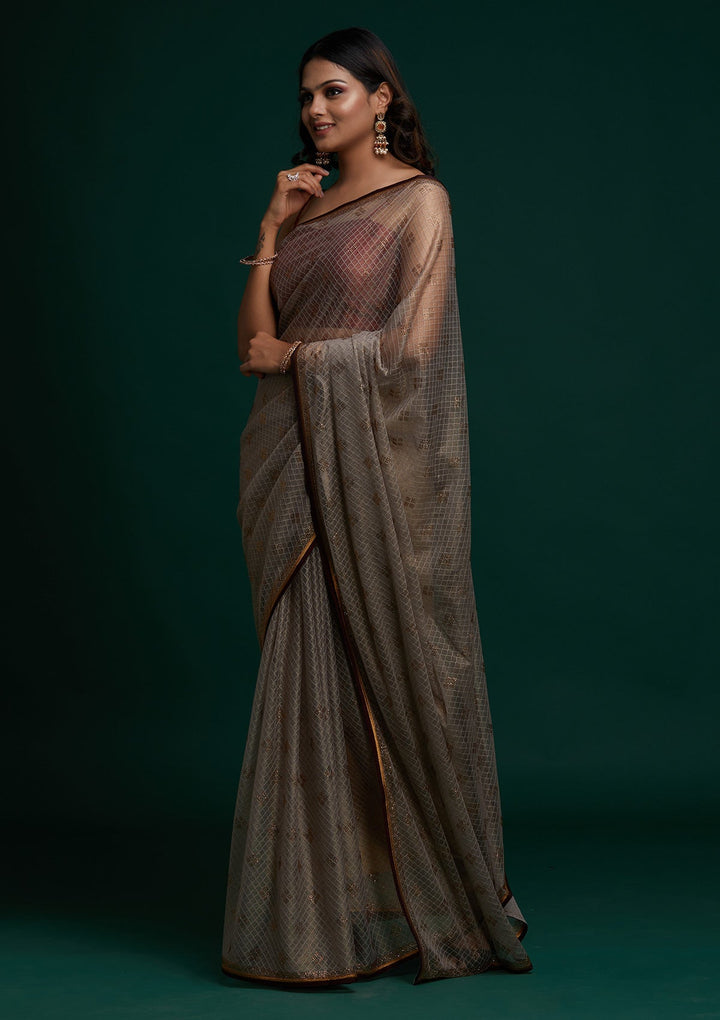 Light Grey Swarovski Net Saree - Koskii