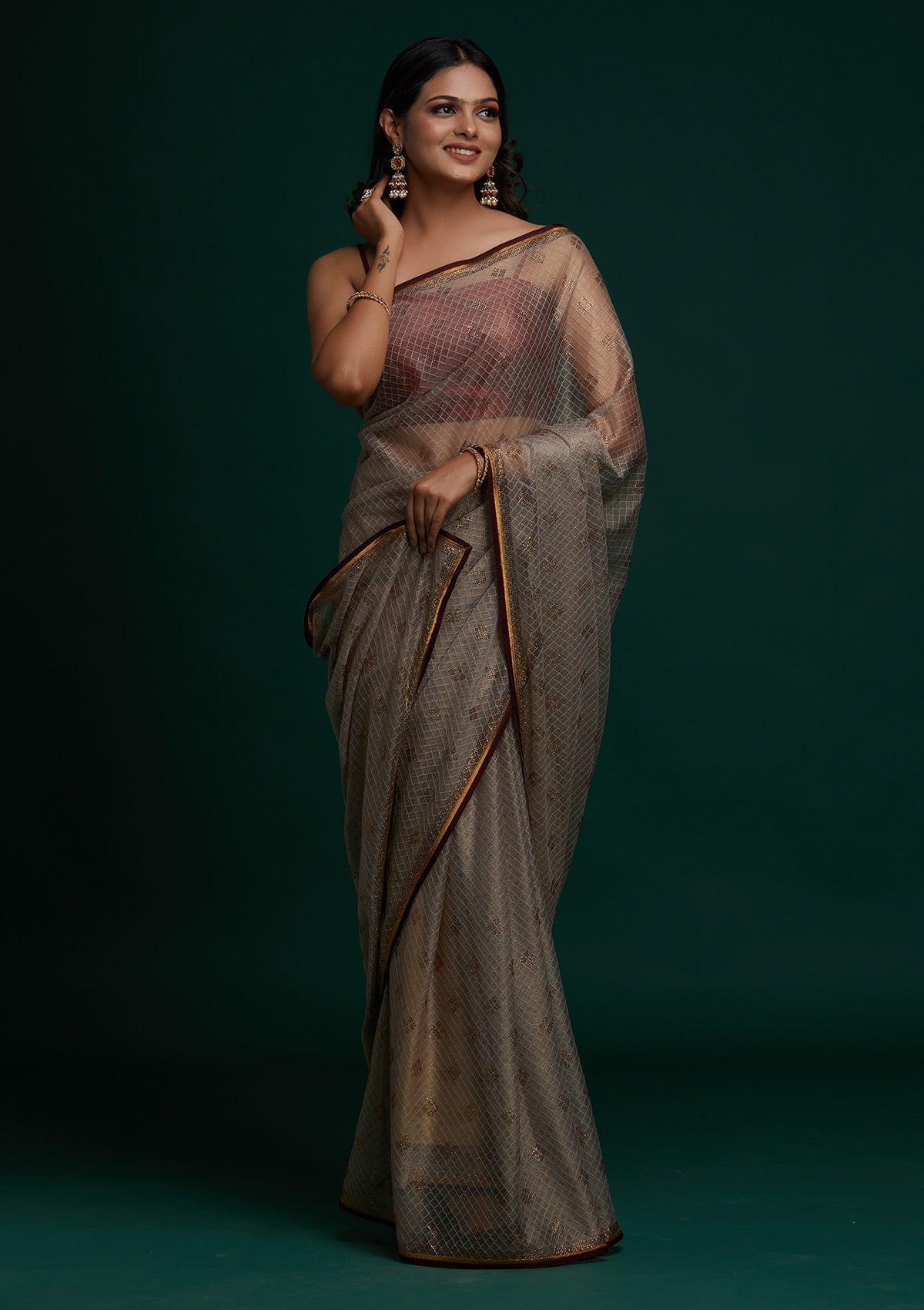 Light Grey Swarovski Net Saree - Koskii