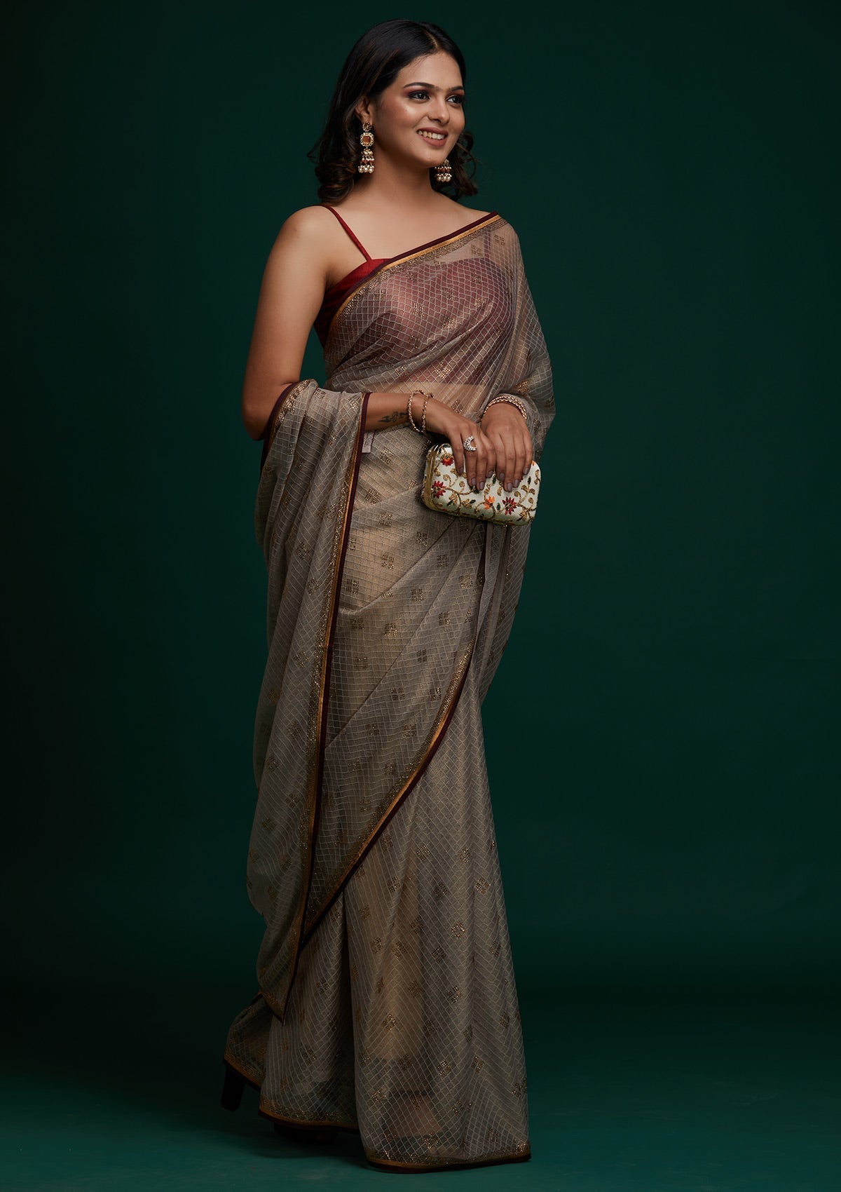 Light Grey Swarovski Net Saree - Koskii