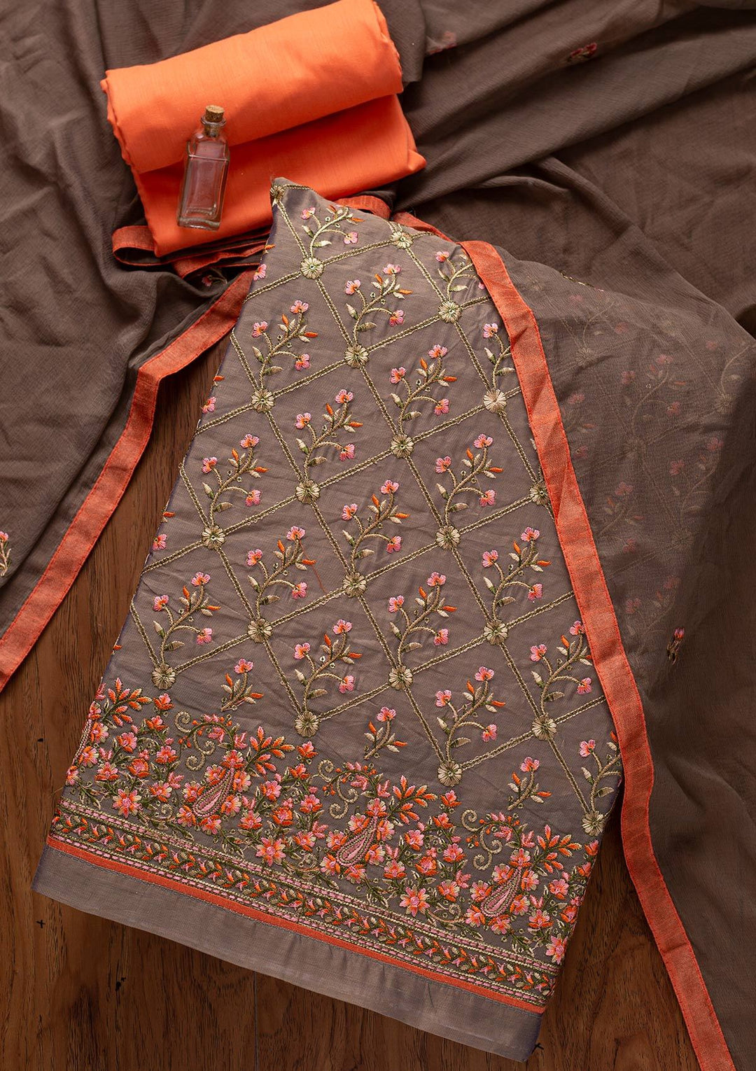 Light Grey Threadwork Chanderi Designer Semi-Stitched Salwar Suit - koskii