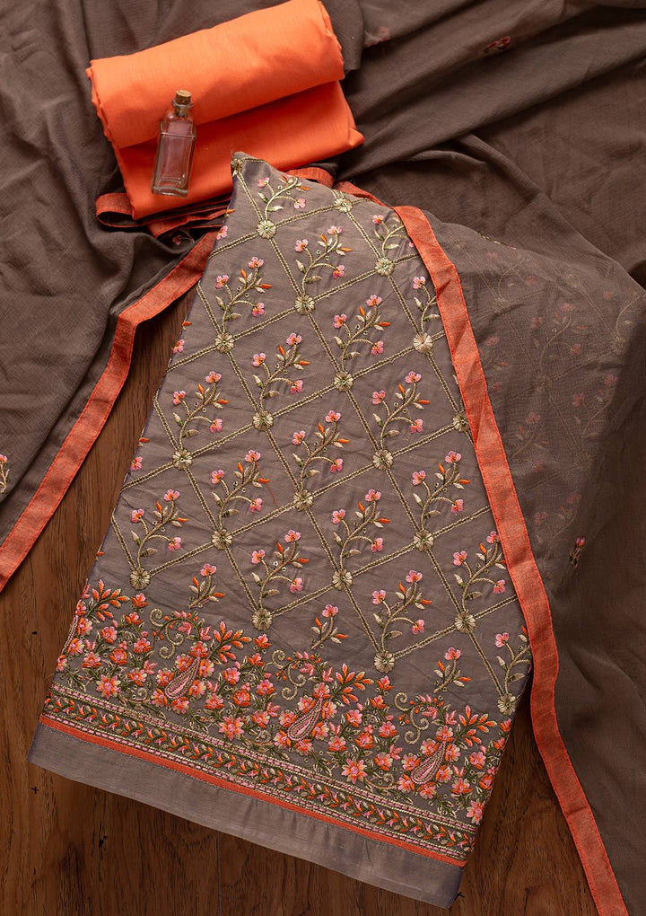 Light Grey Threadwork Chanderi Designer Semi-Stitched Salwar Suit - koskii