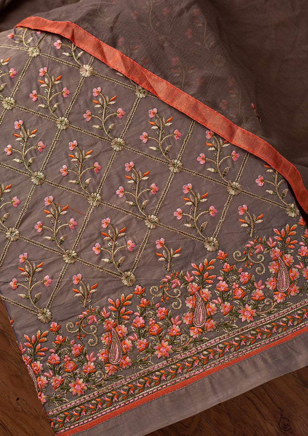 Light Grey Threadwork Chanderi Designer Semi-Stitched Salwar Suit - koskii