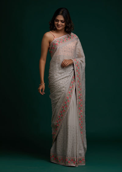 Light Grey Threadwork Chiffon Saree - Koskii