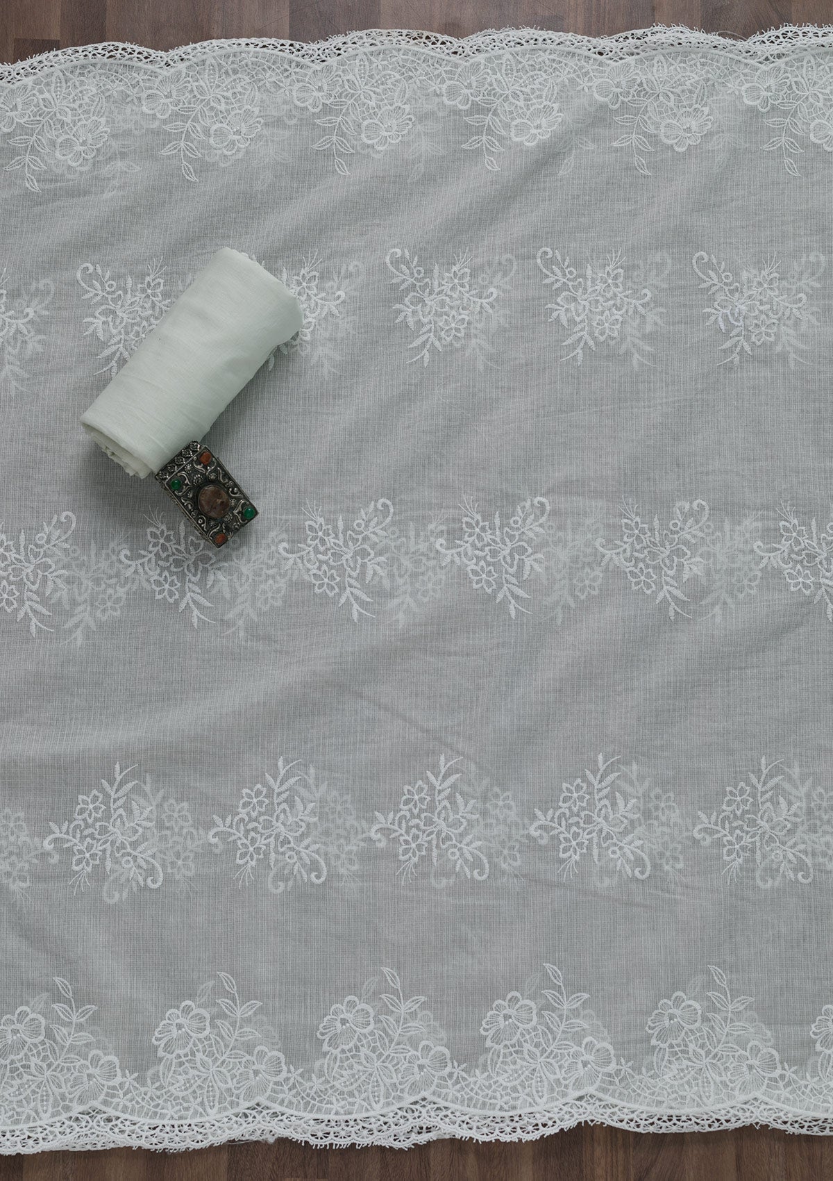 Light Grey Threadwork Cotton Semi-Stitched Salwar Suit-Koskii