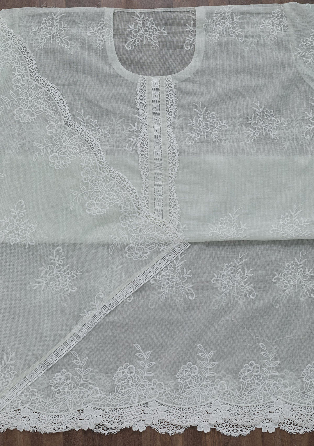 Light Grey Threadwork Cotton Semi-Stitched Salwar Suit-Koskii