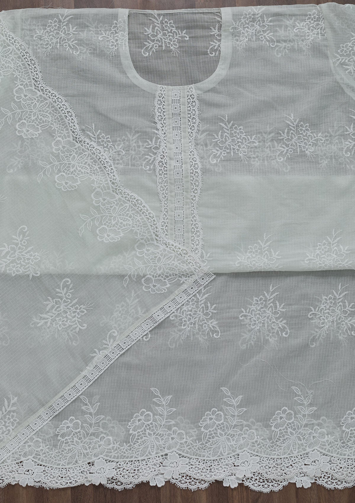 Light Grey Threadwork Cotton Semi-Stitched Salwar Suit-Koskii