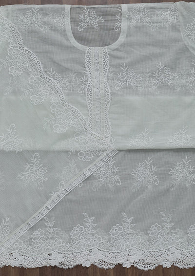Light Grey Threadwork Cotton Semi-Stitched Salwar Suit-Koskii