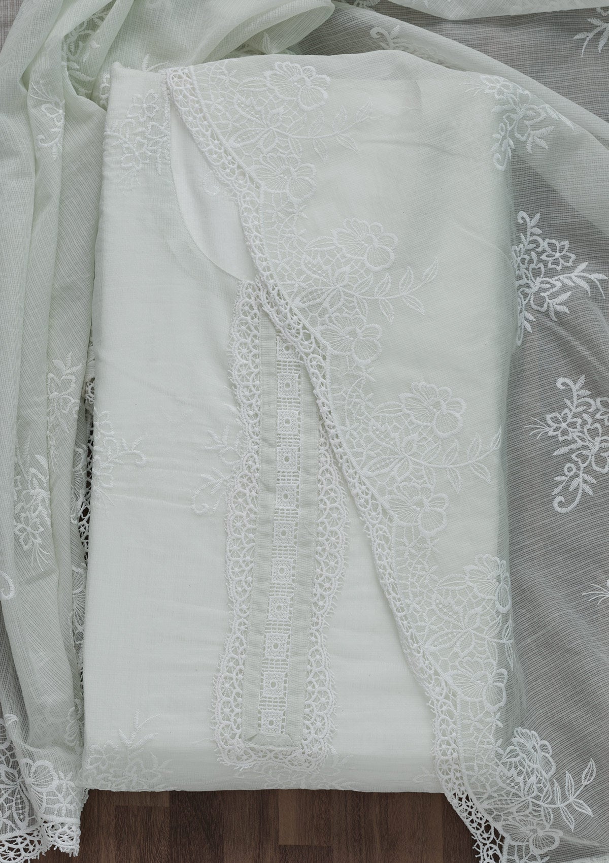 Light Grey Threadwork Cotton Semi-Stitched Salwar Suit-Koskii