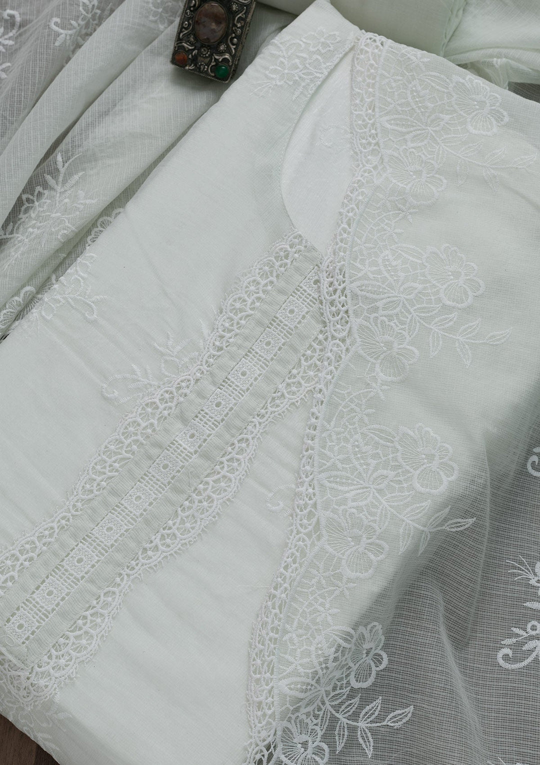 Light Grey Threadwork Cotton Semi-Stitched Salwar Suit-Koskii