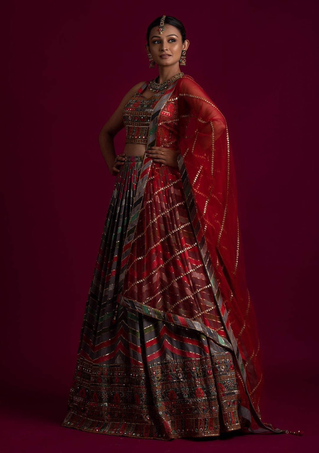 Light Grey Threadwork Georgette Designer Lehenga - koskii