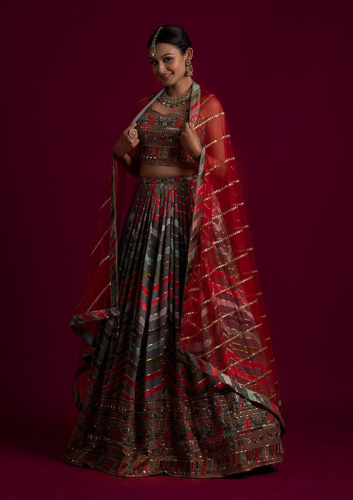 Light Grey Threadwork Georgette Designer Lehenga - koskii