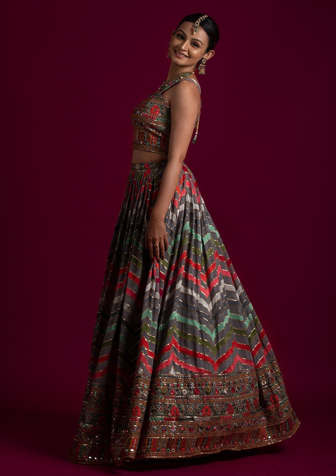 Light Grey Threadwork Georgette Designer Lehenga - koskii