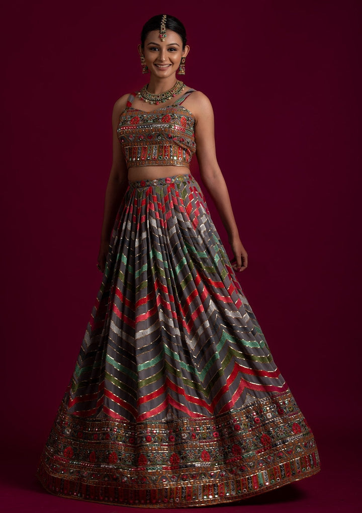 Light Grey Threadwork Georgette Designer Lehenga - koskii