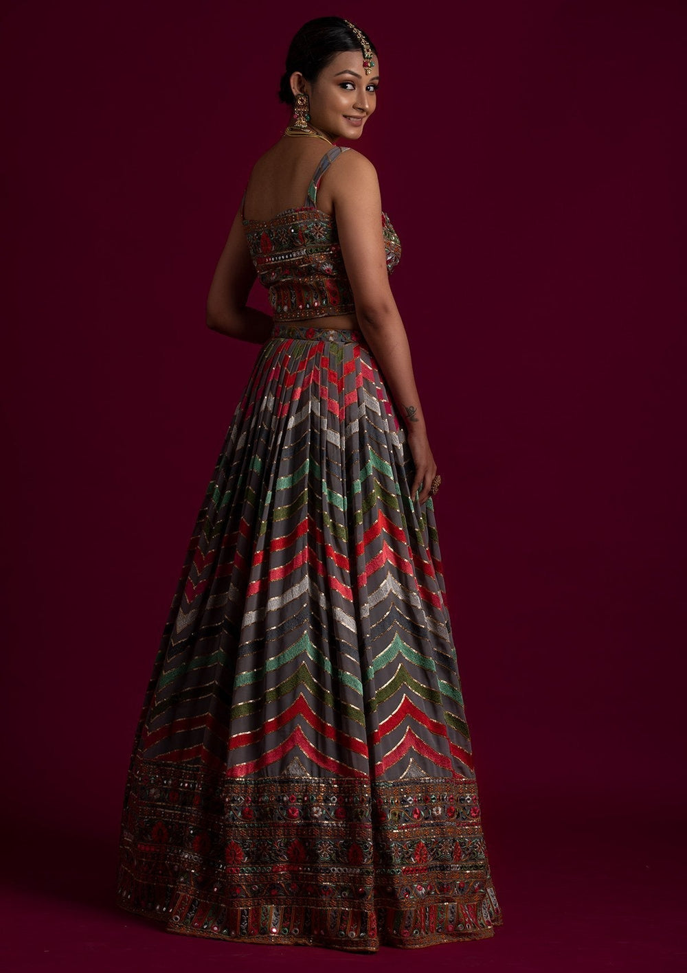 Light Grey Threadwork Georgette Designer Lehenga - koskii