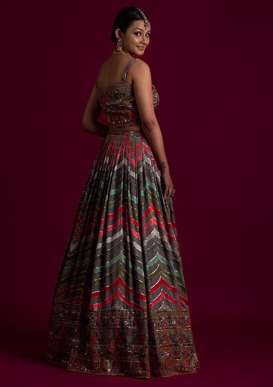 Light Grey Threadwork Georgette Designer Lehenga - koskii