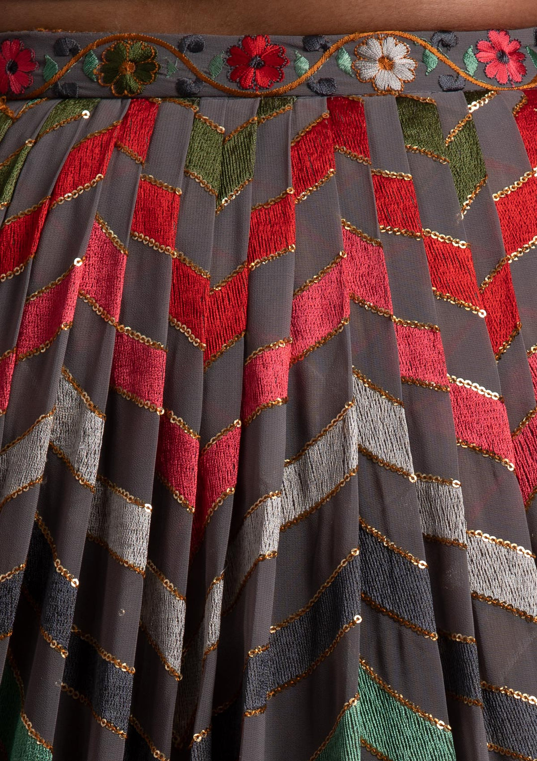 Light Grey Threadwork Georgette Designer Lehenga - koskii