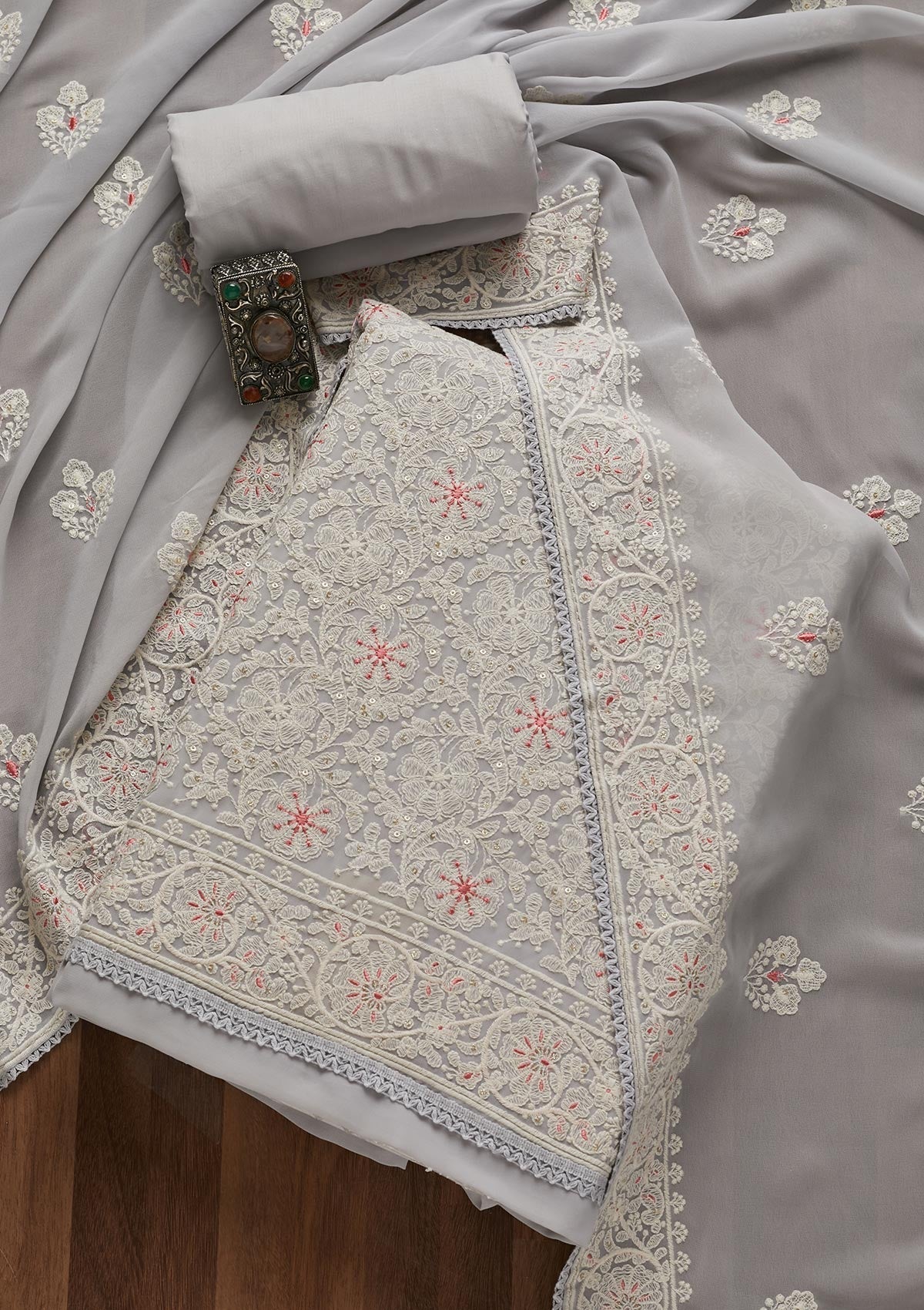 Light Grey Threadwork Georgette Semi-Stitched Salwar Suit- Koskii