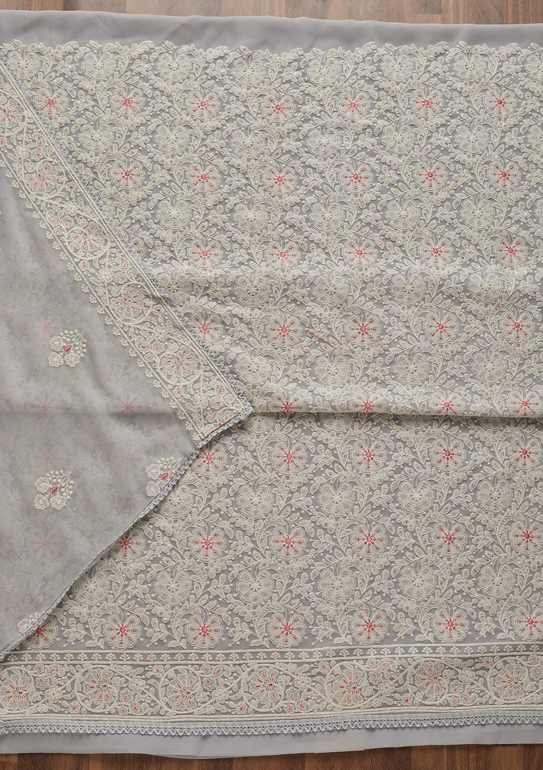 Light Grey Threadwork Georgette Semi-Stitched Salwar Suit - Koskii