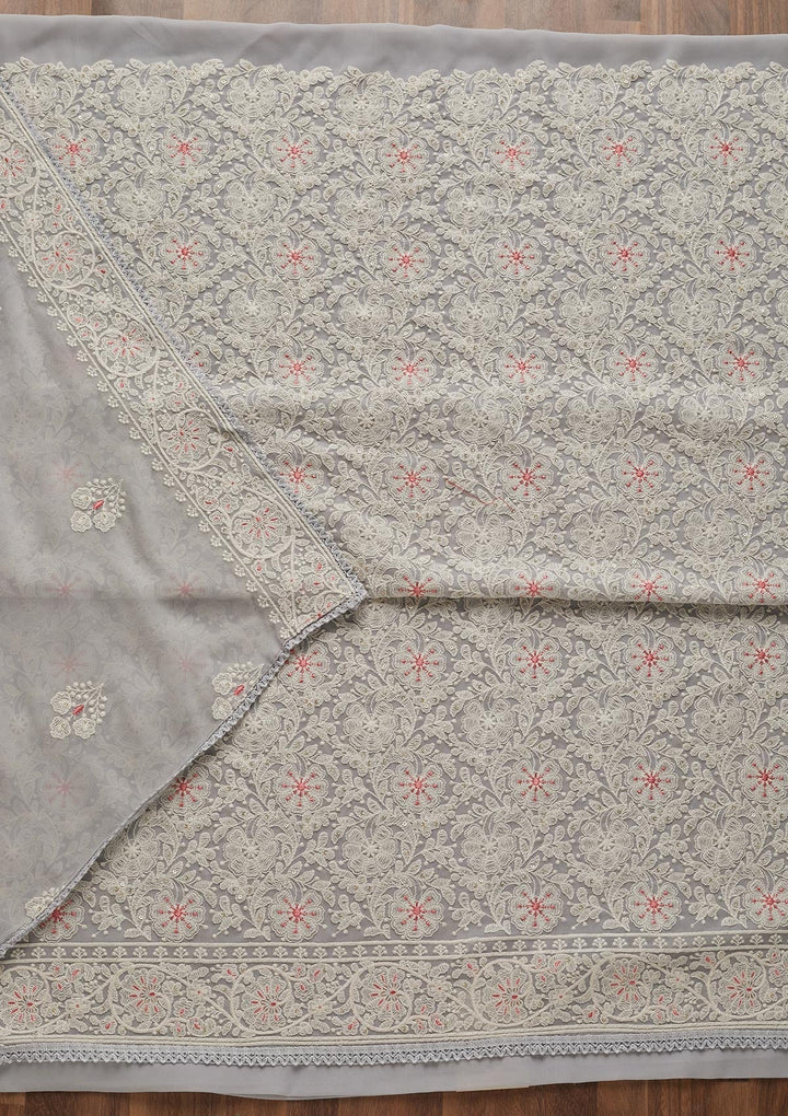 Light Grey Threadwork Georgette Semi-Stitched Salwar Suit - Koskii