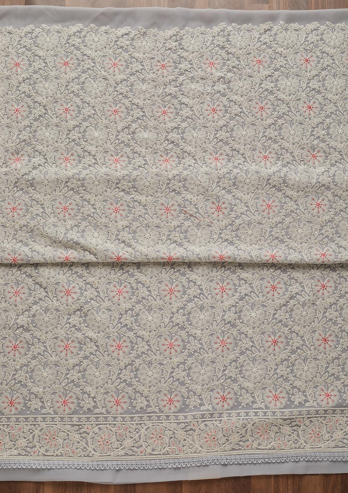 Light Grey Threadwork Georgette Semi-Stitched Salwar Suit - Koskii