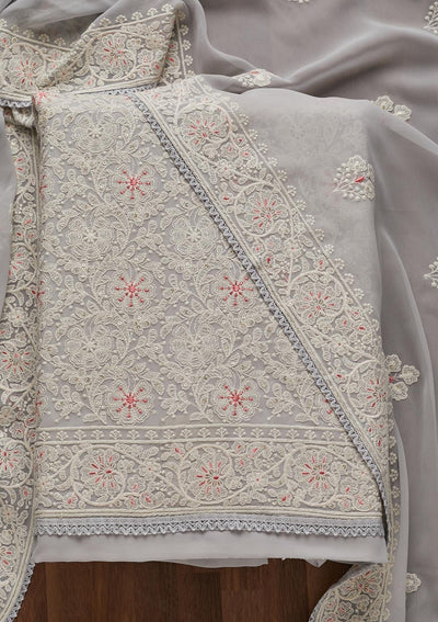 Light Grey Threadwork Georgette Semi-Stitched Salwar Suit - Koskii