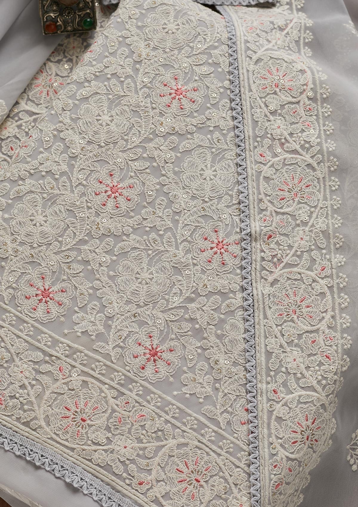Light Grey Threadwork Georgette Semi-Stitched Salwar Suit - Koskii