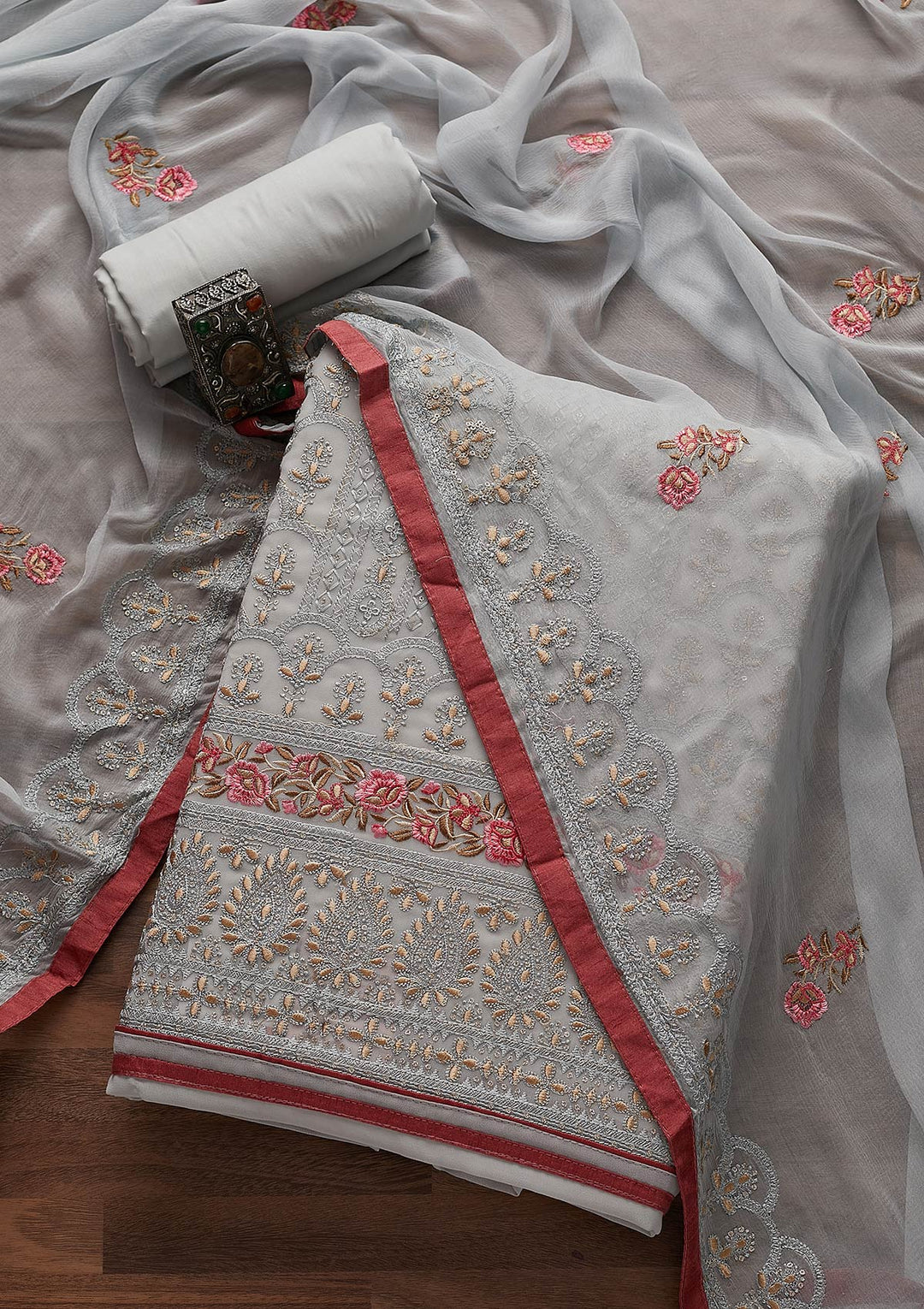 Light Grey Threadwork Georgette Designer Unstitched Salwar Suit - Koskii