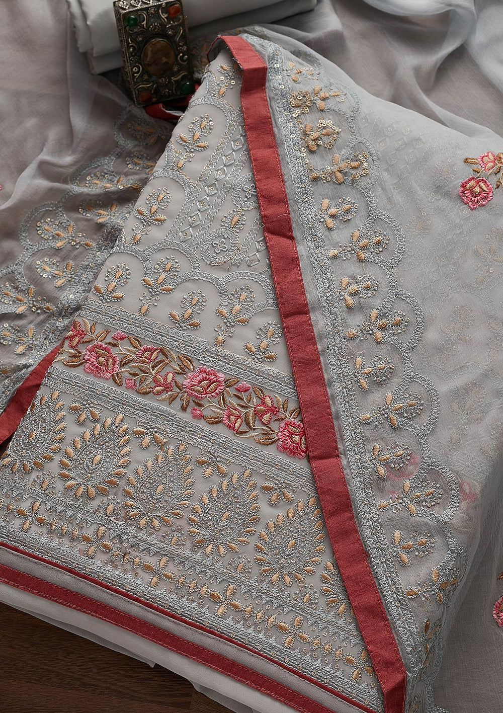 Light Grey Threadwork Georgette Designer Unstitched Salwar Suit - Koskii