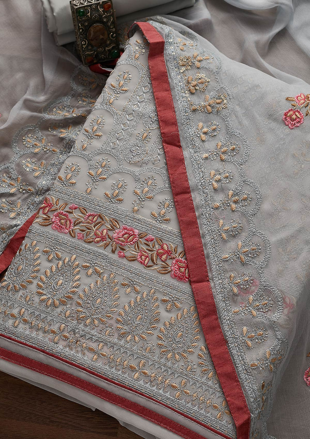 Light Grey Threadwork Georgette Designer Unstitched Salwar Suit - Koskii