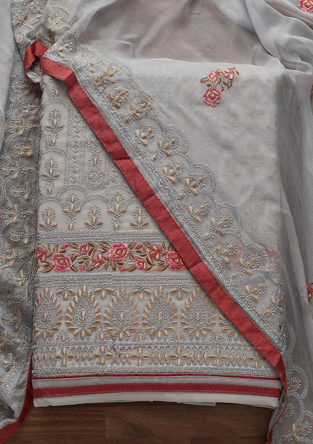 Light Grey Threadwork Georgette Designer Unstitched Salwar Suit - Koskii