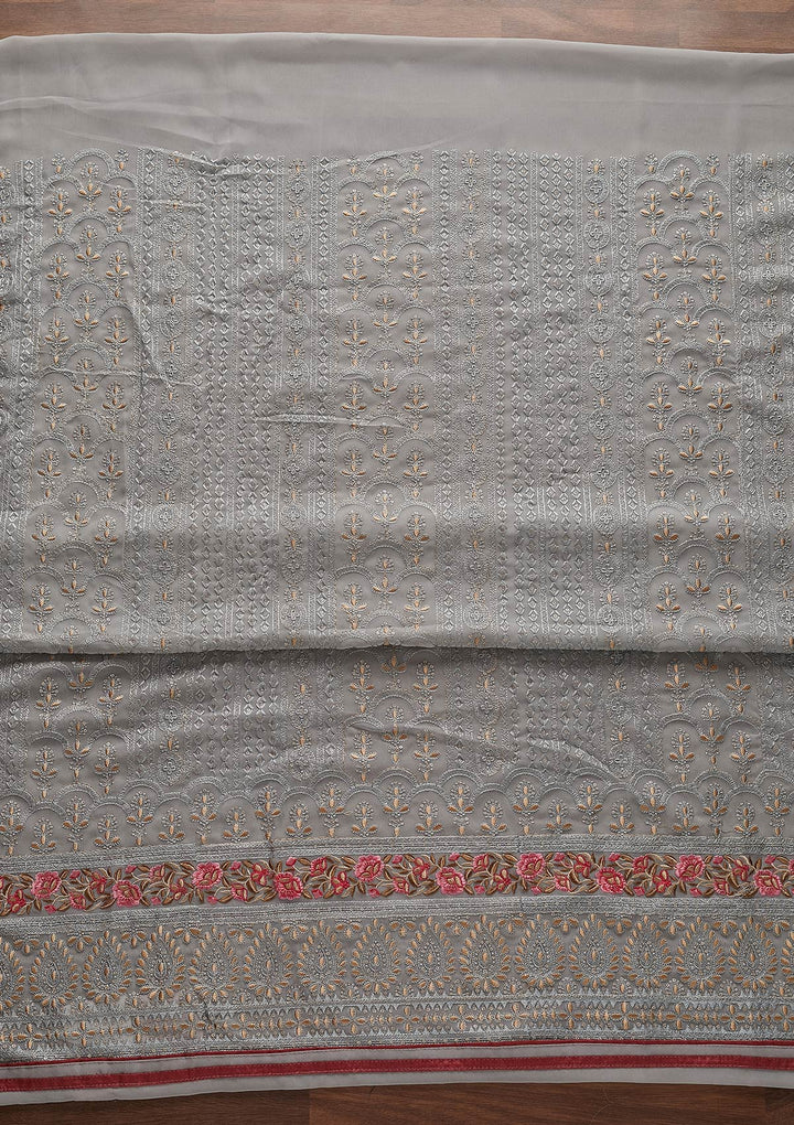Light Grey Threadwork Georgette Designer Unstitched Salwar Suit - Koskii