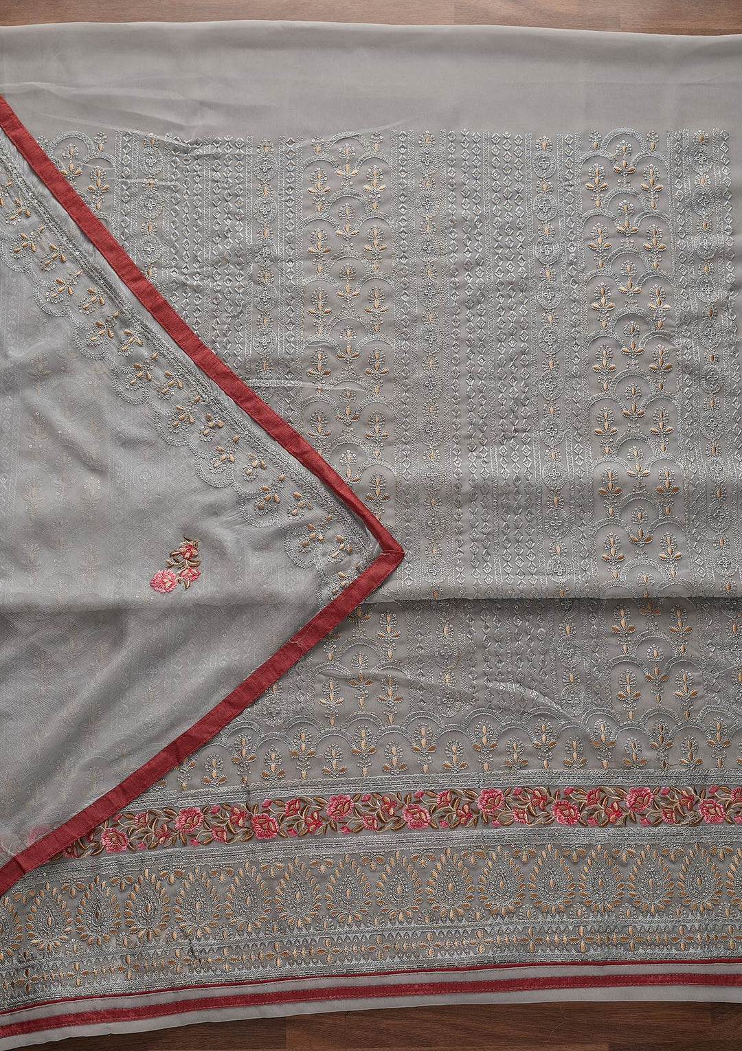 Light Grey Threadwork Georgette Designer Unstitched Salwar Suit - Koskii